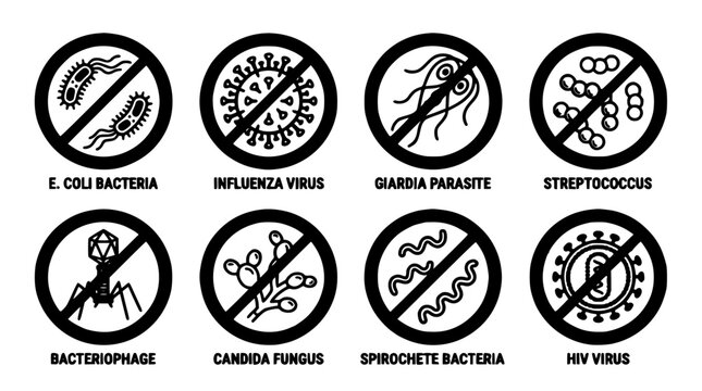 Microorganisms with Prohibition Symbols in Black and White Illustration Featuring Bacteria, Virus, Parasite with Fungus and E Coli Elements