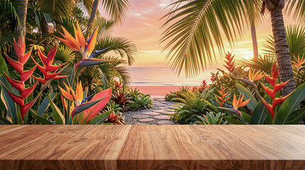 Fototapeta premium Empty wooden table counter mockup with tropical beach and bird of paradise flowers background for product display.
