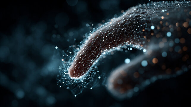 Digital cybersecurity network flow with glowing data particles in dark futuristic background