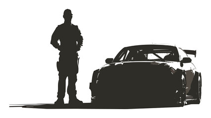 Driver stands proudly next to a customized sports car on a bright day. © sajida