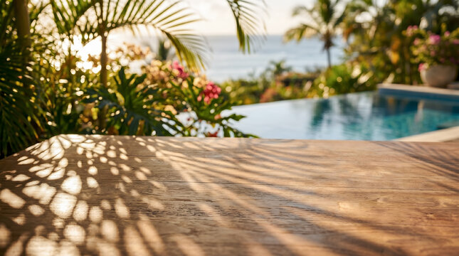 A close up of a wooden patio table texture showing elegant leaf shadow patterns with a blurred background of a modern infinity swimming pool, pink flowers, and the ocean at sunset.