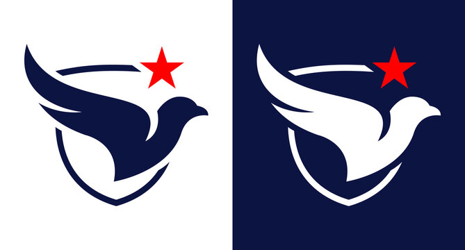 Illustration vector of stylized flying bird inside a curved shield frame and the lone star, minimalist simple clean flat style with suitable for america or usa cybersecurity logo design.