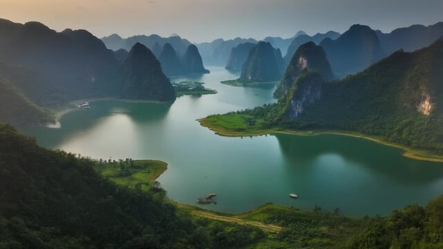 Majestic aerial flight over Tuyen Lam Lake and lush green mountains