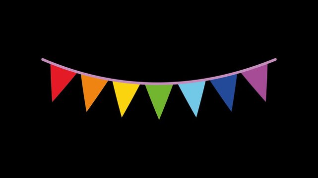 Colorful rainbow party bunting flags animation with alpha channel, rainbow triangle pennants on curved string, flat motion decoration for birthday, celebration, festival, carnival, event