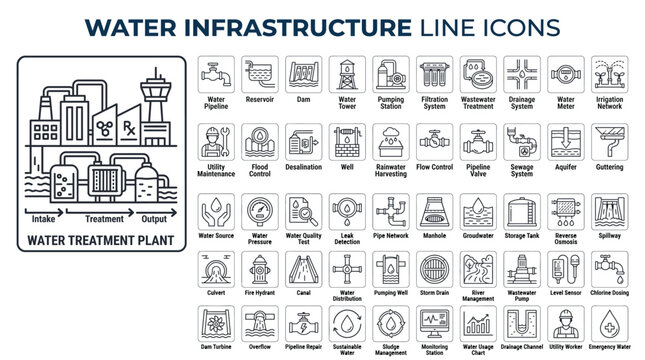 Water infrastructure line icons set, water treatment plant and water supply system elements