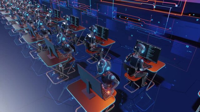 Endless 3d loop of futuristic humanoid robots working at computers. Concept of mass production, factory automation, robotics industry and advanced technology workforce in a sci-fi warehouse.