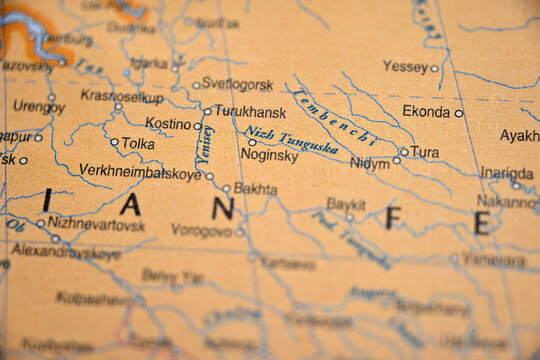 Nizh Tunguska on World Map &ndash; Soft Blur Travel Photography Highlighting Remote River Region