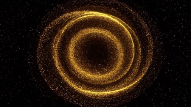 Abstract glowing golden particles forming concentric circular spiral rings on dark background creating a dynamic luminous vortex pattern with depth and motion effect