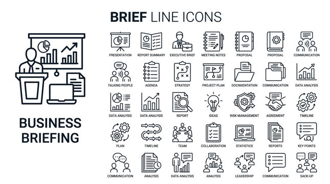Business briefing line icons set vector illustration of business presentation, meeting, strategy, data analysis, team, planning, communication, report, and management icons