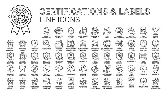 Set of 60 quality, certification, and label line icons, including badges, seals, and symbols for various standards and compliance