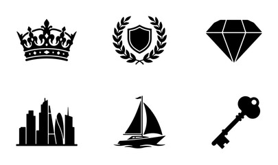 Luxury Icons Set: Crown, Shield, Diamond, Cityscape, Sailboat, Key Vector Graphics for Premium Branding and Success Themes © Mohsin
