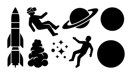 Astronauts in VR, Rocket Ship, Saturn, Stars, Planets, Space Exploration Icons Set © Mohsin