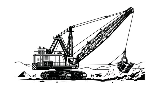 Heavy Dragline Excavator Mining Vector Illustration