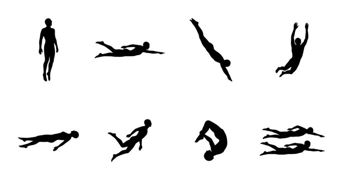 Silhouette Swimmers and Divers, Aquatic Sports Action Poses, Vector Set for Pool and Ocean Activities