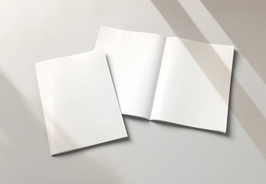 Isolated magazine cover and open magazine Mockup on white background with shadows. 3D rendering