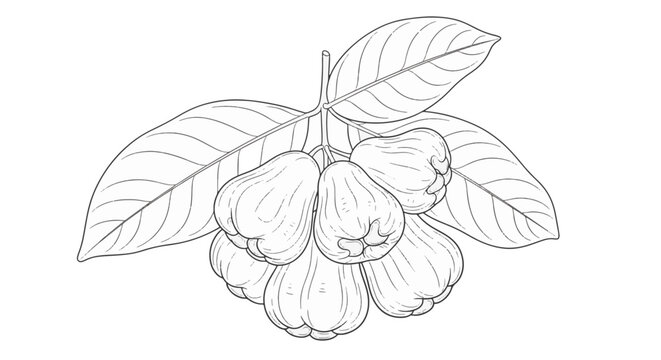 Black and white fine line drawing of a cluster of rose apples on a branch with large veined leaves, botanical illustration style isolated on a plain white background.