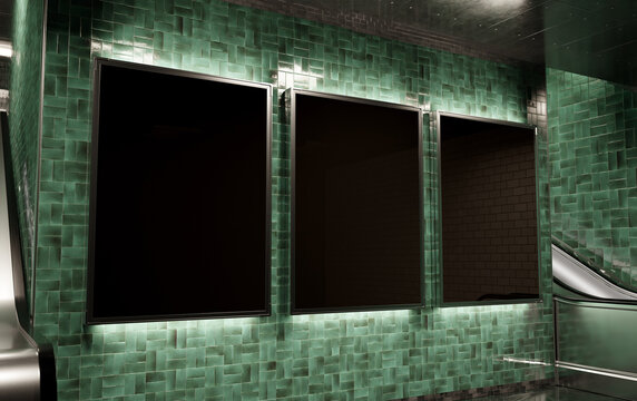 Three empty billboards on underground wall Mockup. Vertical hoardings in dark green subway station. 3D rendering