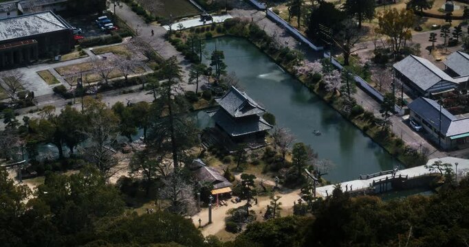 Aerial View of Japanese Garden Moat and Traditional Buildings Hiroshima
