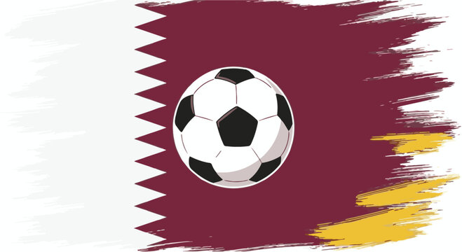 Vector illustration of a black and white soccer ball centered over the national flag of Qatar with a grunge brush stroke texture and yellow accents on a white background.