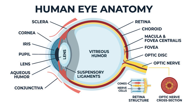 Human eye anatomy labeled diagram.
