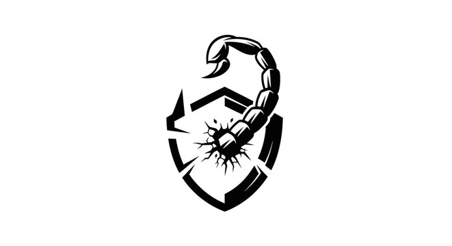 Scorpion tail stinger breaking through a geometric shield icon.