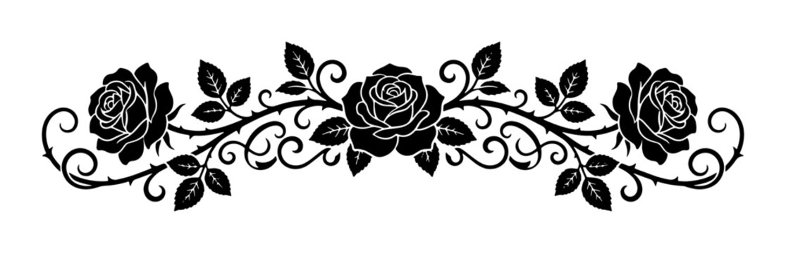 Black Rose Floral Border Vector, Ornamental Swirls, Elegant Decorative Element
