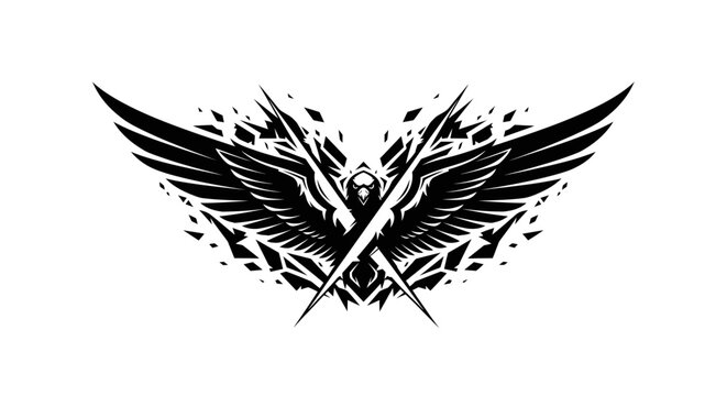 Sharp bird wing emblem with crossed swords detail.