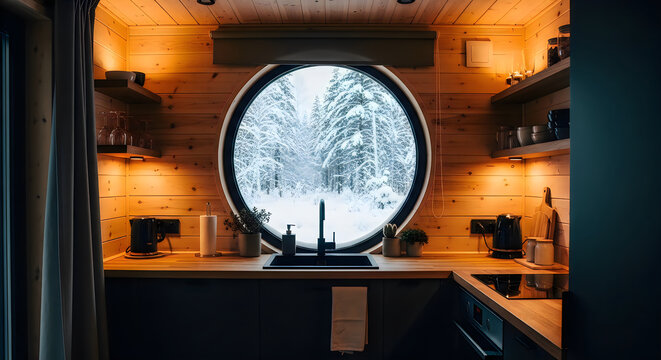 Cozy modern kitchen interior with a round window looking out at a beautiful snowy forest landscape in winter