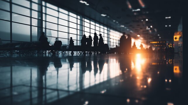 People wait in busy airport departure hall during sunny day with reflections on floor