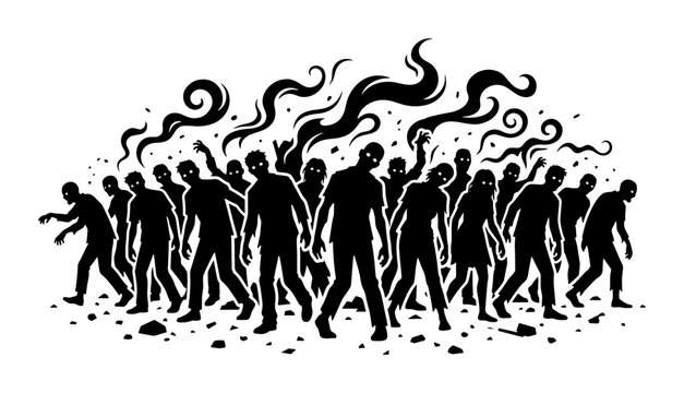 Silhouette Zombie Horde, Spooky Night Crowd, Horror Undead Group, Dark Smoke Elements