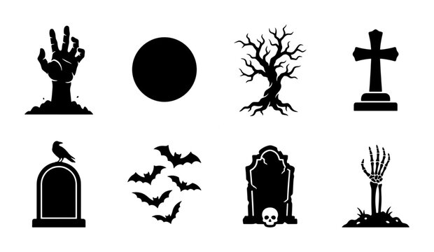 Halloween Icons Set: Spooky Zombie Hands, Bats, Graves, Tree, Moon, Cross
