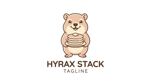 Cute hyrax holding pancakes mascot logo illustration, designed for playful food branding, cafe identity, and creative dessert shop concept.