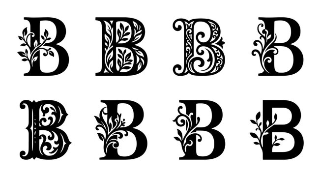 Elegant Monogram B Letter Vector Set, Ornate Floral Decorative Alphabet Designs, Classic Serif Typography Elements