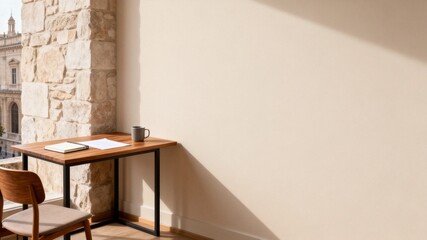 Fototapeta premium Minimalist Workspace by Stone Wall with Soft Natural Light