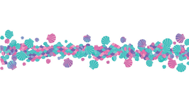 Horizontal decorative border featuring pastel turquoise, pink, and purple mermaid scales mixed with scattered seashells and scallop shells on a plain white background for design.