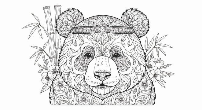 Detailed line art illustration of a panda bear head decorated with intricate mandala floral patterns and surrounded by bamboo stalks and flowers for coloring book pages.
