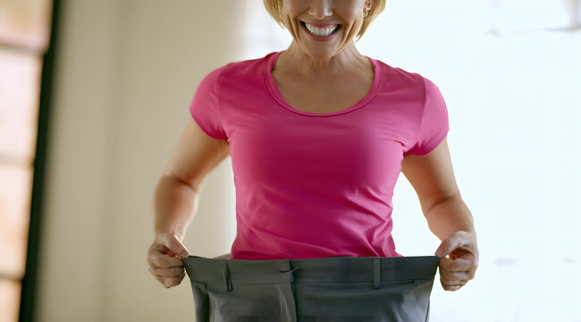 Middle-aged woman smiling in a pink top pulls out the waistband of her grey trousers to show weight loss after bariatric surgery