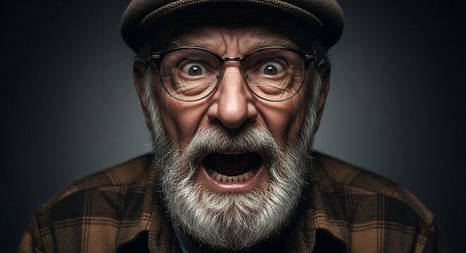 Shocked senior man with glasses and flat cap looking at camera, wide eyed