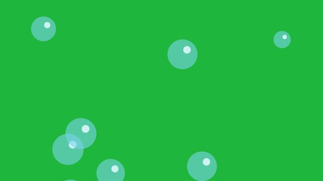 A seamless looping 2D vector animation of simple blue cartoon bubbles rising against a green screen background.