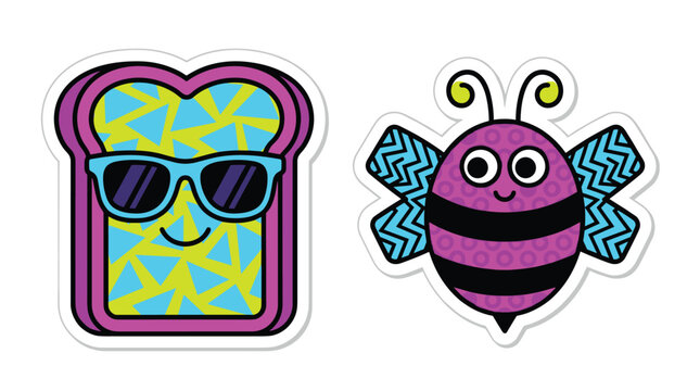 Cute toast with sunglasses and colorful bee sticker set.