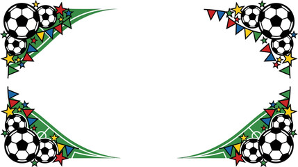 Soccer Bunting Oval frame border. Featuring pennant garland, football, blank center, and corner flag symbols. Layout graphic for fan event invitation and sports club membership card. © Pixel_Forge
