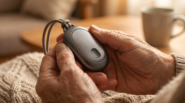 A macro close-up of a senior citizen's wrinkled hands holding a gray medical alert button or emergency call device while sitting in an armchair