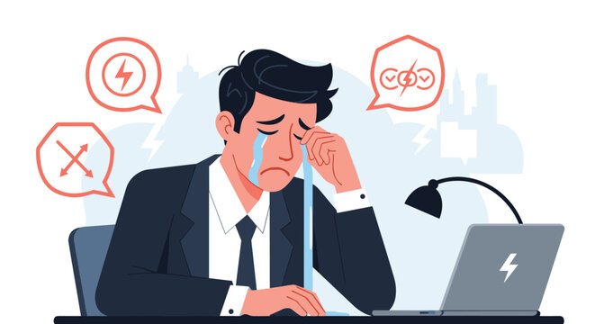 Stressed businessman crying at his office desk with a laptop and various stress icons representing work pressure and burnout.