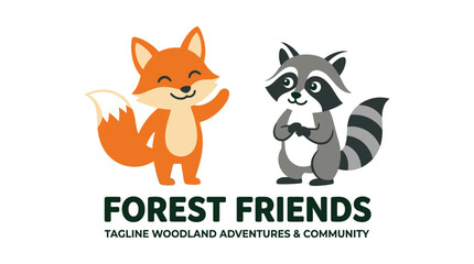 Fototapeta premium Cute fox and raccoon forest friends mascot logo.