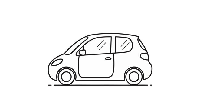 Minimalist black line art illustration of a modern compact hatchback car. Simple contour drawing of a small city vehicle or electric microcar isolated on a plain white background.