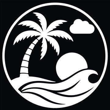 Minimalist tropical beach logo with white palm tree and sun on black circle background vector