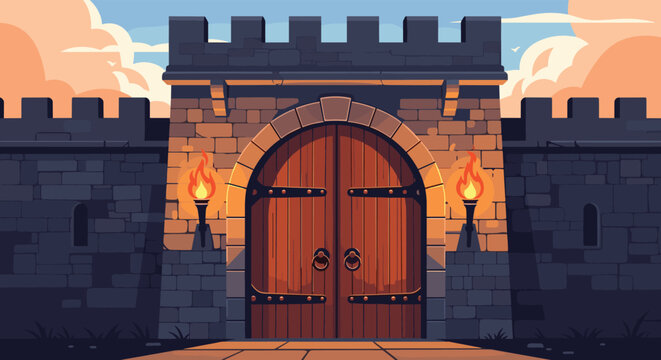 Medieval stone castle entrance featuring large wooden gates with iron hinges and flaming torches at dusk with a sunset sky.