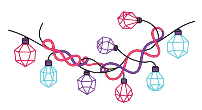 Vector illustration of colorful geometric polygon string lights with faceted bulbs in pink, purple, and blue hanging on black cables against a white background for festive decor.