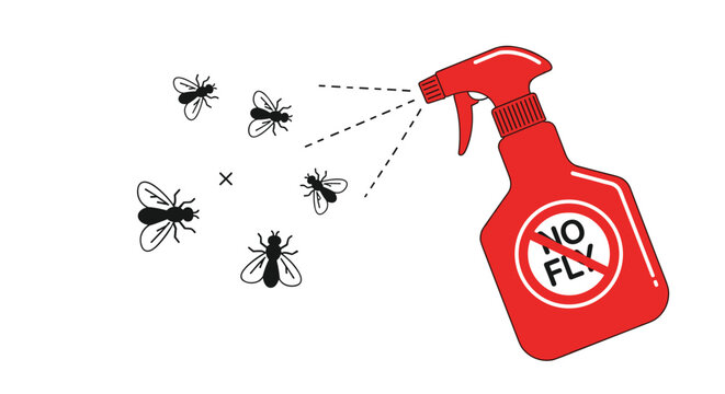Red spray bottle labeled with a no fly symbol is used to repel and eliminate house flies in a household pest control demonstration illustration.