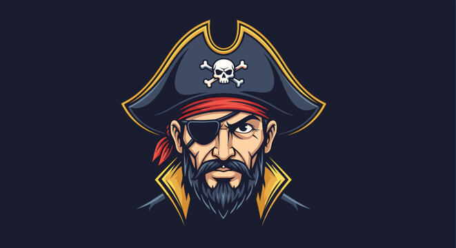 Rugged pirate captain portrait features a black eye patch, a traditional tricorne hat with a skull symbol, and a thick beard on a dark background.